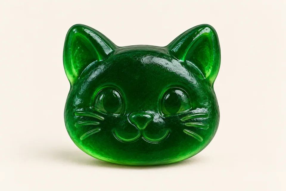 A smiling green cat-face gummy, part of BITE’s brand world